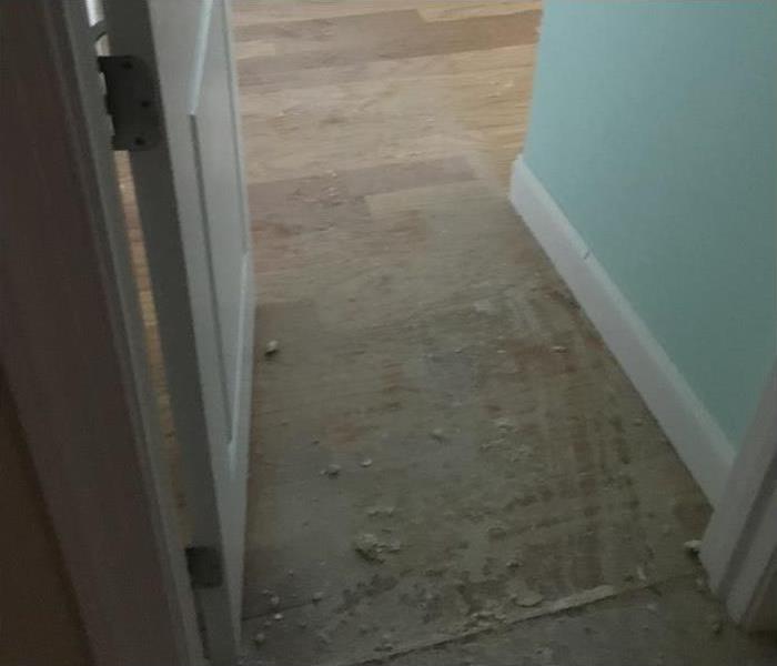 debris from fire on wood floor in entrance to a bedroom